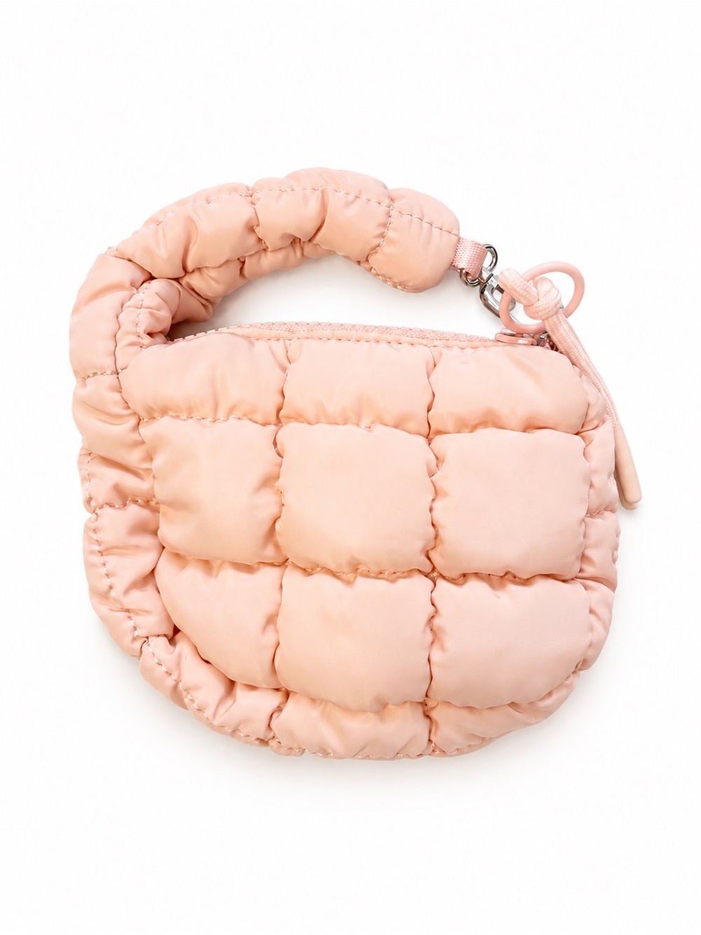 Puffy Quilted Nylon Mini Wristlet Pouch Bag Pink Zip Coin Purse Carryall